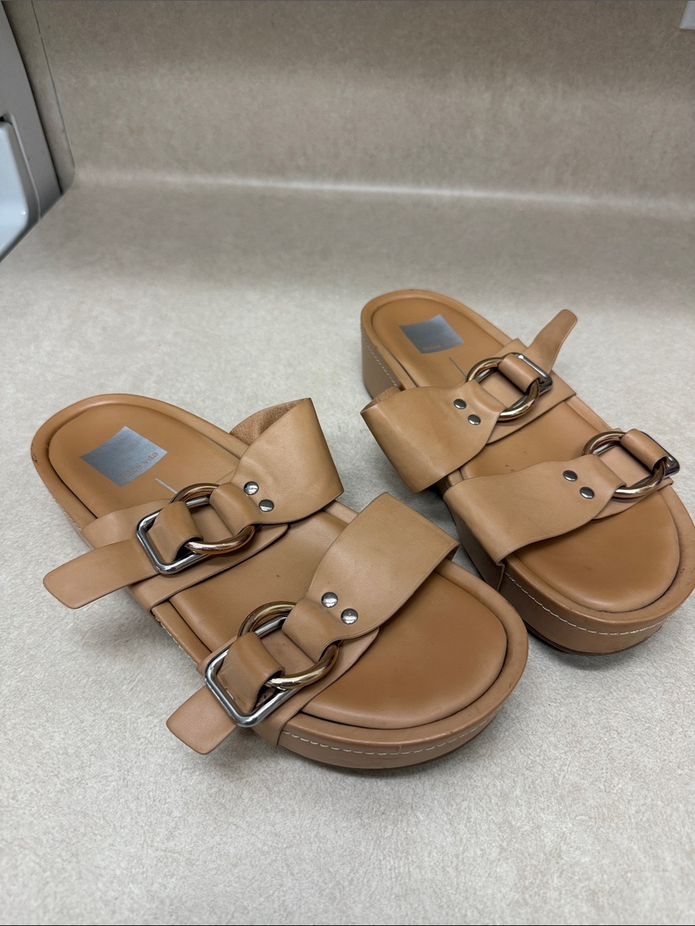 Dolce Vita Tan Buckle Platform Slide Sandals - Women